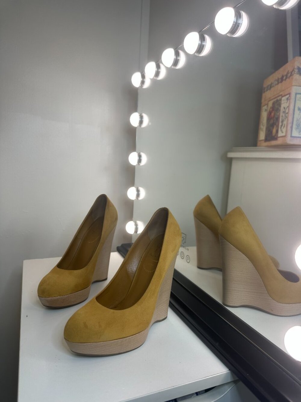 Yves Saint Laurent YSL Tribute Mustard Suede Platform Wedge Pumps, EU 36.5 / US